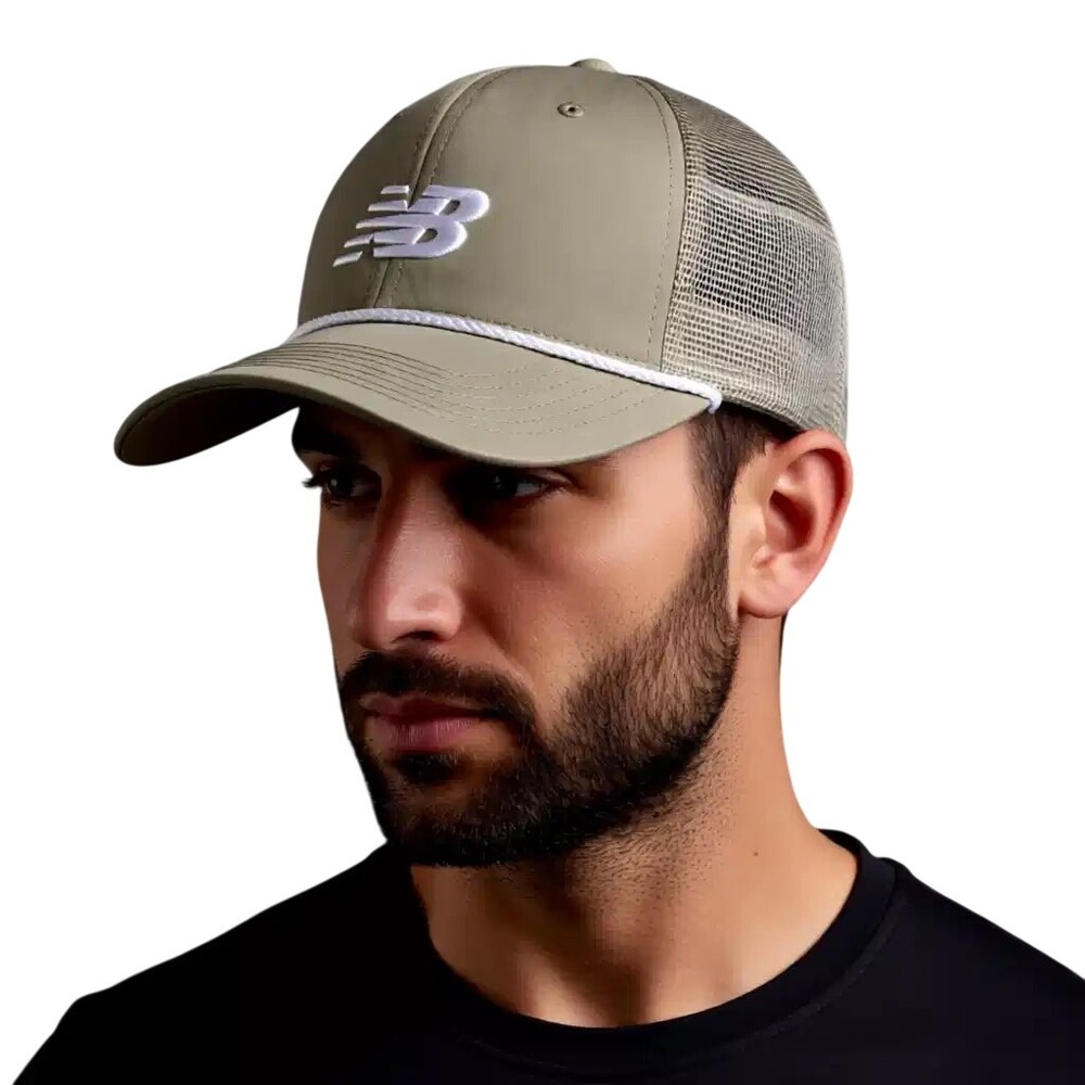 New Balance Mens Mesh‎ Trucker HatKhaki NB Logo Rope Snapback Cap NWT